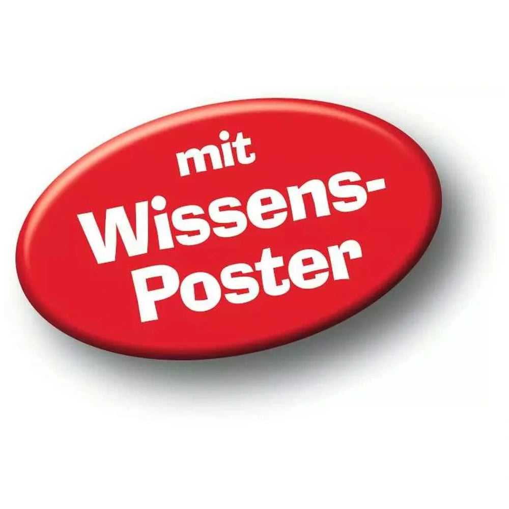 Ravensburger - A Day At The Riding Stables puzzle features a vibrant red button with a glossy finish against a light backgrou