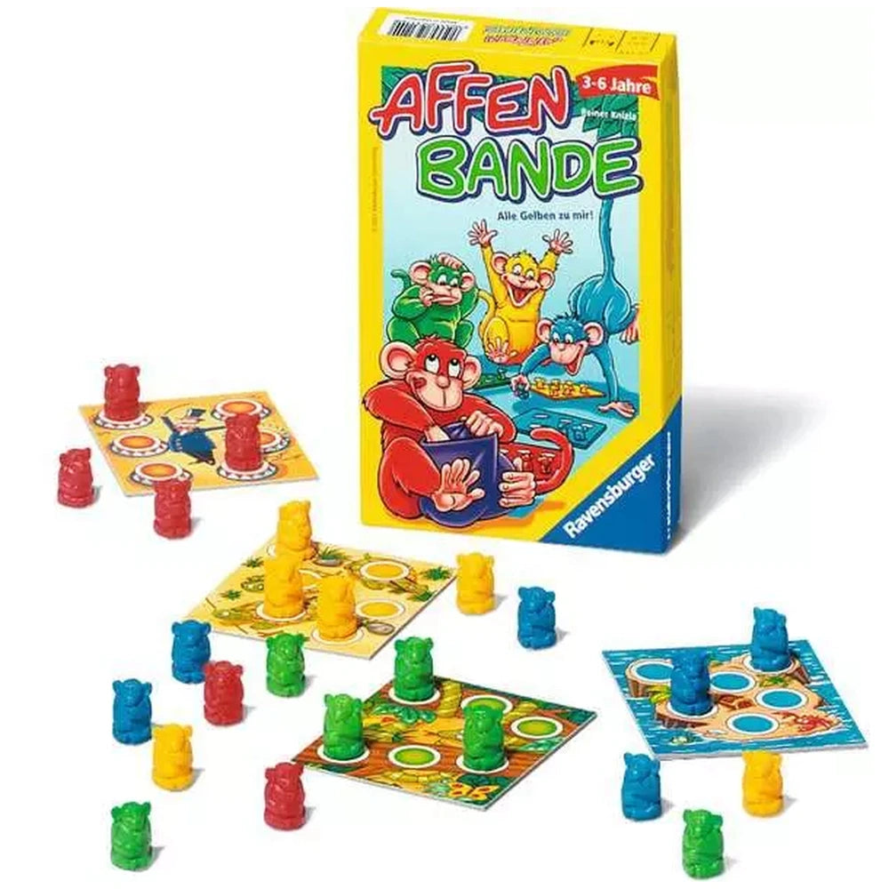 Ravensburger Affenbande board game box features colorful gummy bears scattered on a table, highlighting its playful theme.
