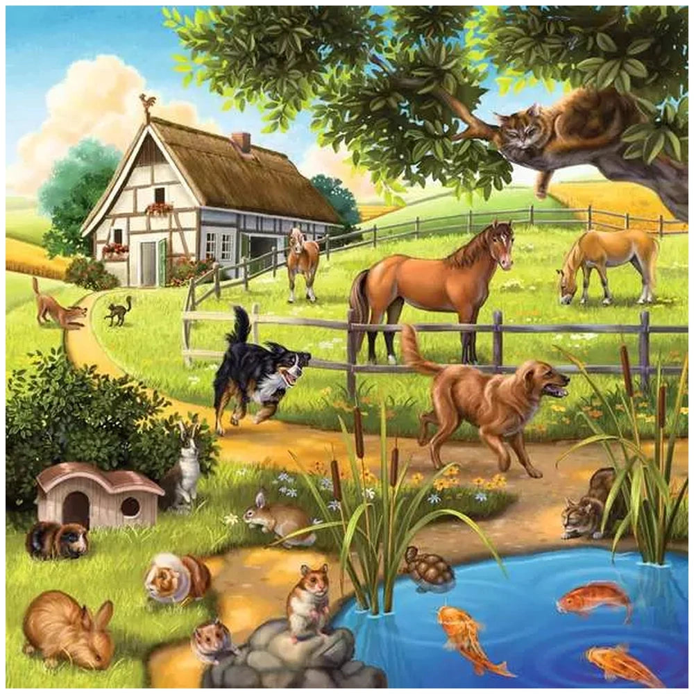 Ravensburger puzzle featuring a vibrant rural scene with various animals, a wooden house, pond, and lush greenery.