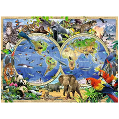 Ravensburger puzzle features a vibrant collage of diverse animals, including tigers, elephants, and birds, set against a glob