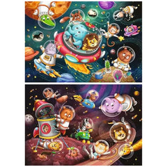Ravensburger puzzle features colorful anthropomorphic animals in space, engaging in playful activities against a vibrant cosm
