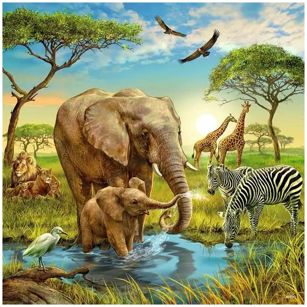Ravensburger puzzle featuring a serene scene with elephants, a zebra, and giraffes near a calm body of water in a natural hab