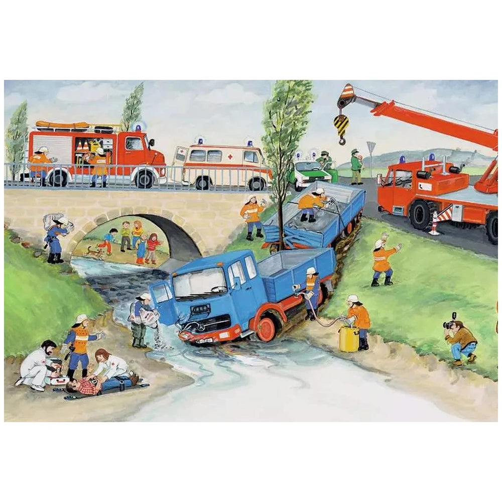 Ravensburger puzzle featuring a vibrant cartoon scene of a construction operation with a blue crane truck lifting a red vehic