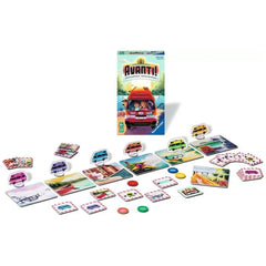 Ravensburger Avanti! board game cards feature colorful scenes, vehicles, and characters on a glossy surface, designed for chi