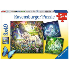 Ravensburger puzzle box featuring a vibrant unicorn scene with a butterfly, rainbow, and waterfall, designed for children.