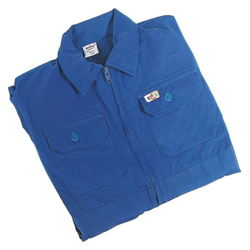 Blue cotton work shirt for boys and girls featuring a point collar, two buttoned chest pockets, and a front placket.