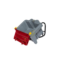 Rollybox John Deere in red and grey features a metallic rectangular design with a black handle on top.