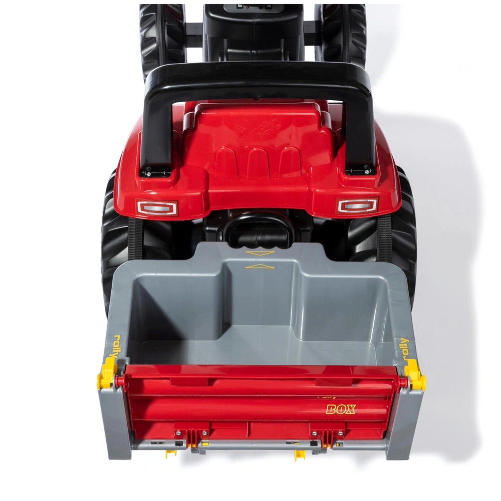 Rollybox John Deere riding toy features a red and black lawn mower with a removable cutting deck and visible engine component