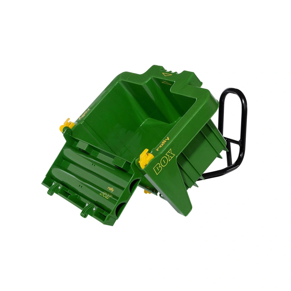 Rollybox John Deere Green is a rectangular plastic container with a black handle, designed for holding and transporting items