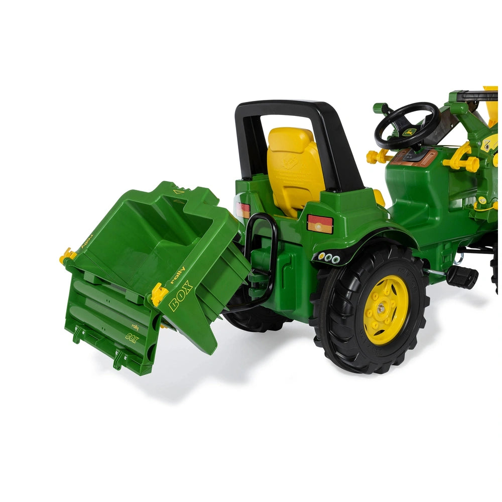 Rollybox John Deere green toy tractor features yellow wheels, a black seat, and a green bucket attachment.