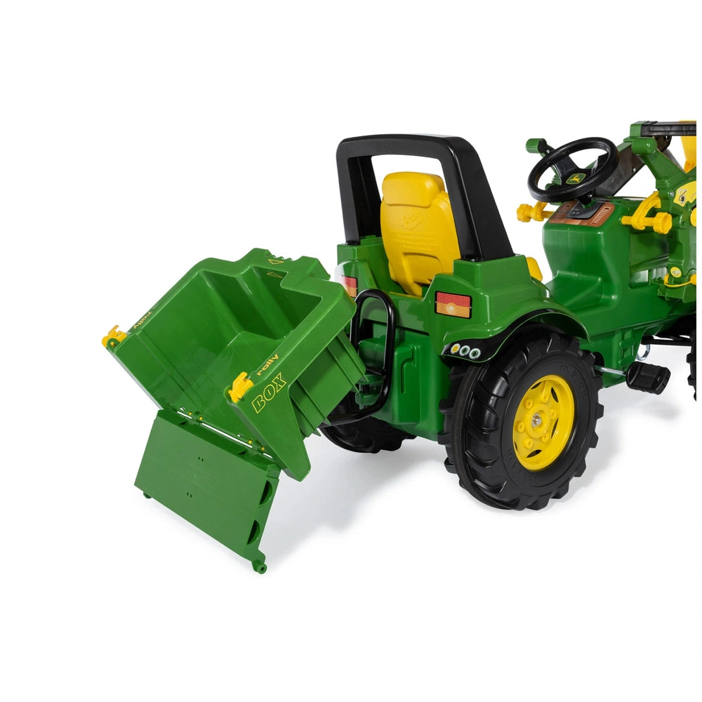 Rollybox John Deere green toy tractor features a yellow seat, black wheels, and a large bucket attachment at the back.