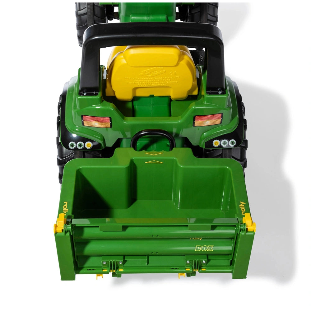Rollybox John Deere green toy tractor features a glossy green body, matte yellow accents, and black wheels with yellow rims.