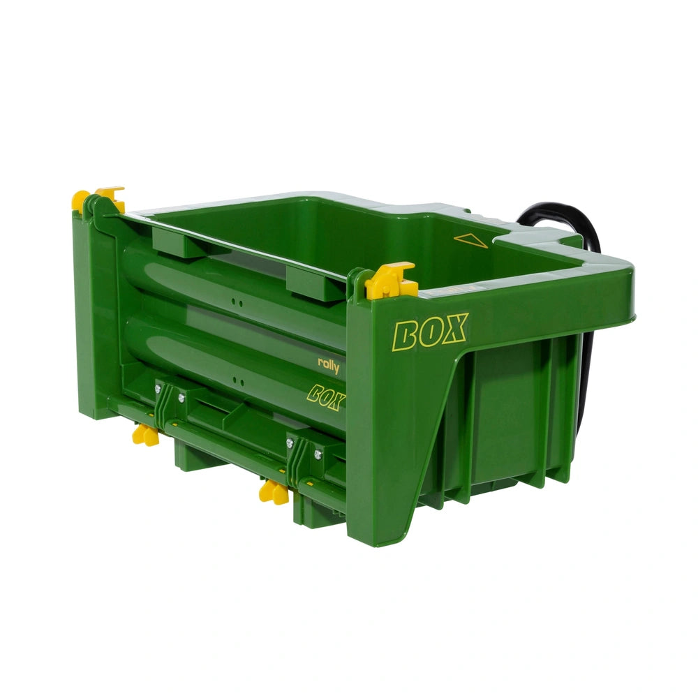 Rollybox John Deere green container with a glossy finish, yellow "BOX" text, and a hinged matte lid against a white backgroun