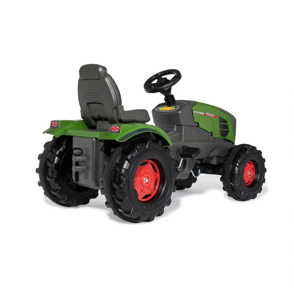 Rollyfarmtrac Fendt 211 Vario pedal tractor toy in green with black tires and red rims against a light background.