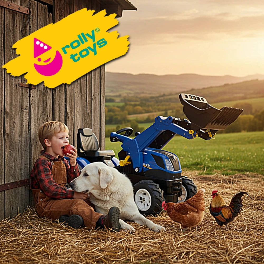 Rollyfarmtrac New Holland riding toy with inflatable wheels, featuring a boy, set against a wooden barn and hay.