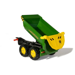 Rollyhalfpipe John Deere trailer features a bright green toy tractor with a yellow dump truck attachment and black wheels.