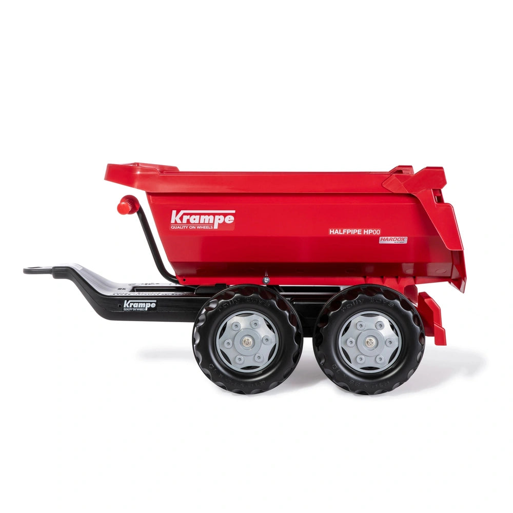 Rollyhalfpipe Krampe trailer features a red metal body, black wheels, and a label reading "KRAMPE HALFPIPE HPO0."