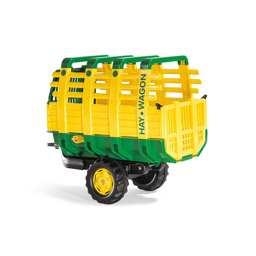Rollyhay Wagon green trailer made of smooth plastic, featuring yellow and green colors, four black wheels, and a front basket