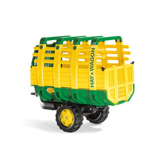 Rollyhay Wagon green trailer made of smooth plastic, featuring yellow and green colors, four black wheels, and a front basket