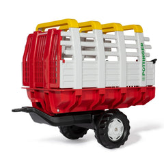 Rolly Toys Rollyhay Wagon Pottinger Trailer features a red, white, and yellow plastic design with four wheels and yellow hand