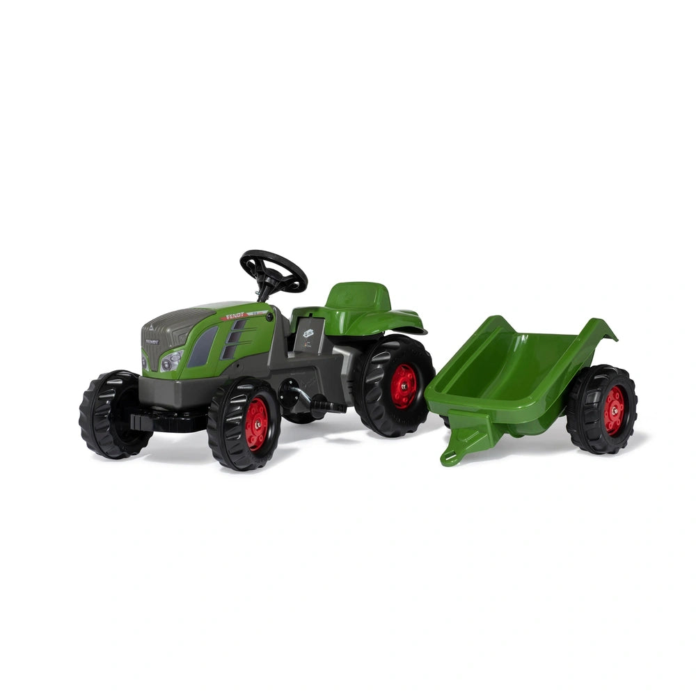 Rolly Toys Rollykid Fendt 516 Vario Tractor in green and black with a green and red trailer, both made of plastic.