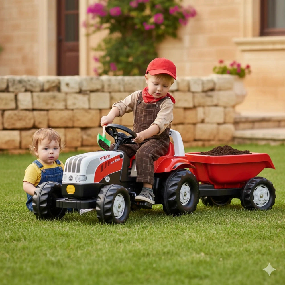 Rolly Toys Rollykid Steyr 6165 CVT tractor in red and black, with children in gray overalls playing on green grass.