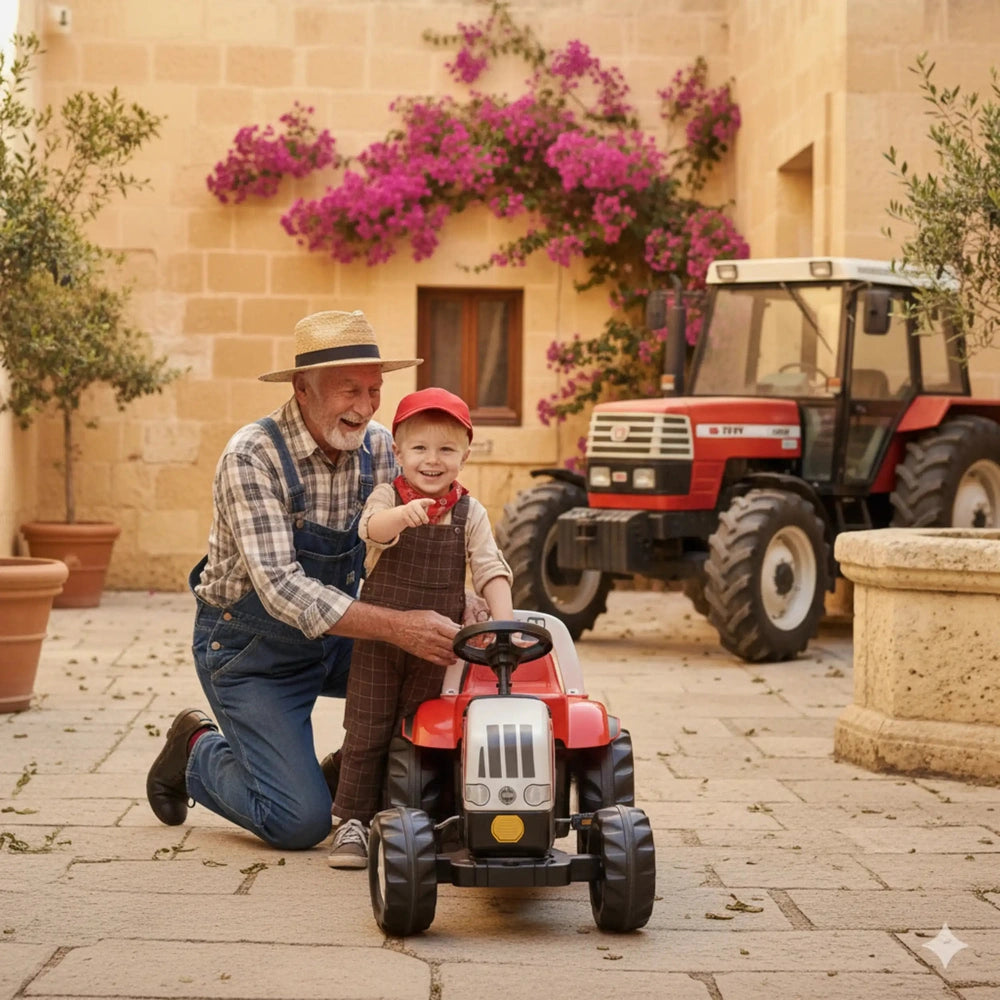 Rolly Toys Rollykid Steyr 6165 CVT tractor in red and black with a man and child in a lifestyle scene with pink flowers.