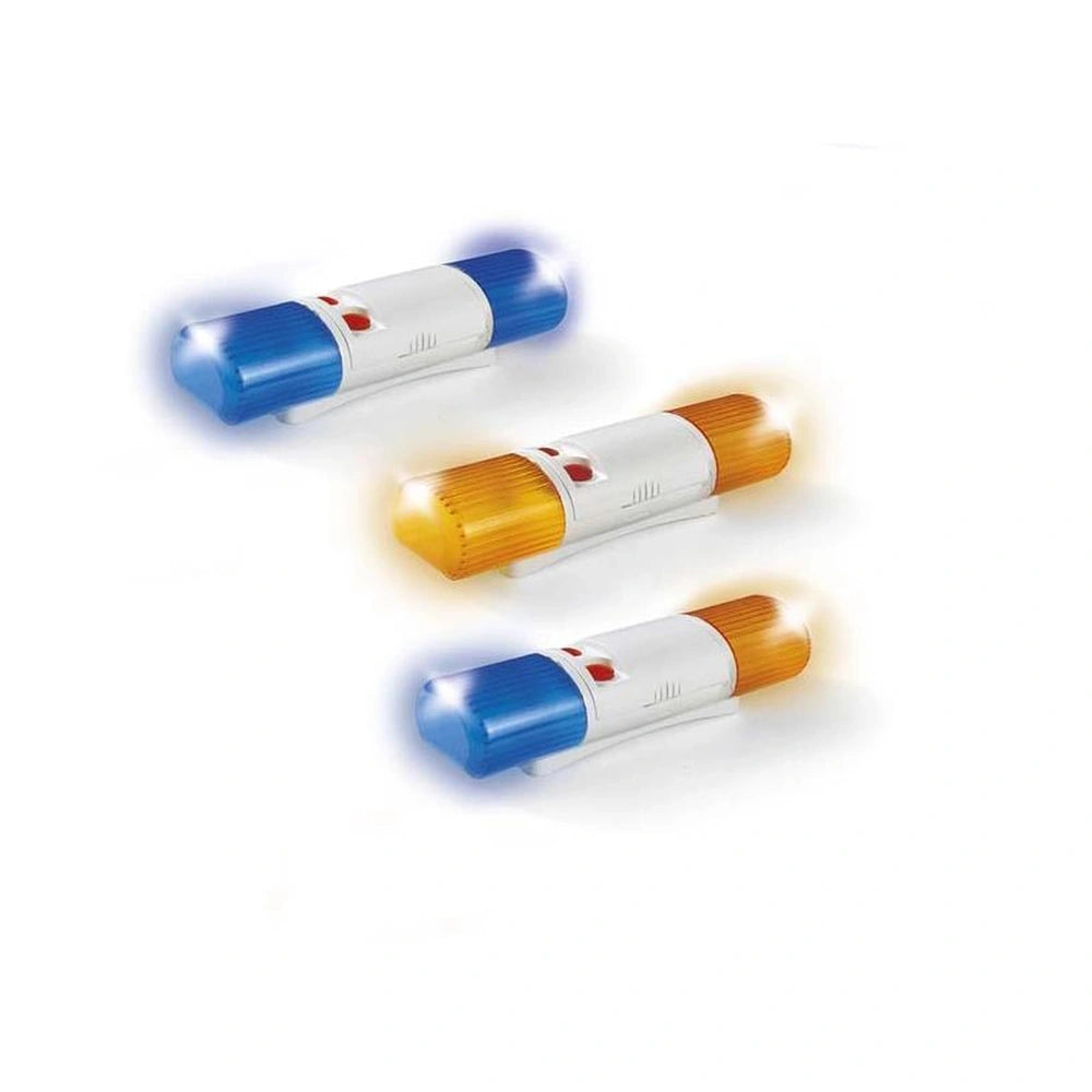 Rolly Toys riding accessory features three glossy cylindrical devices in blue, white, and orange with buttons on the sides.