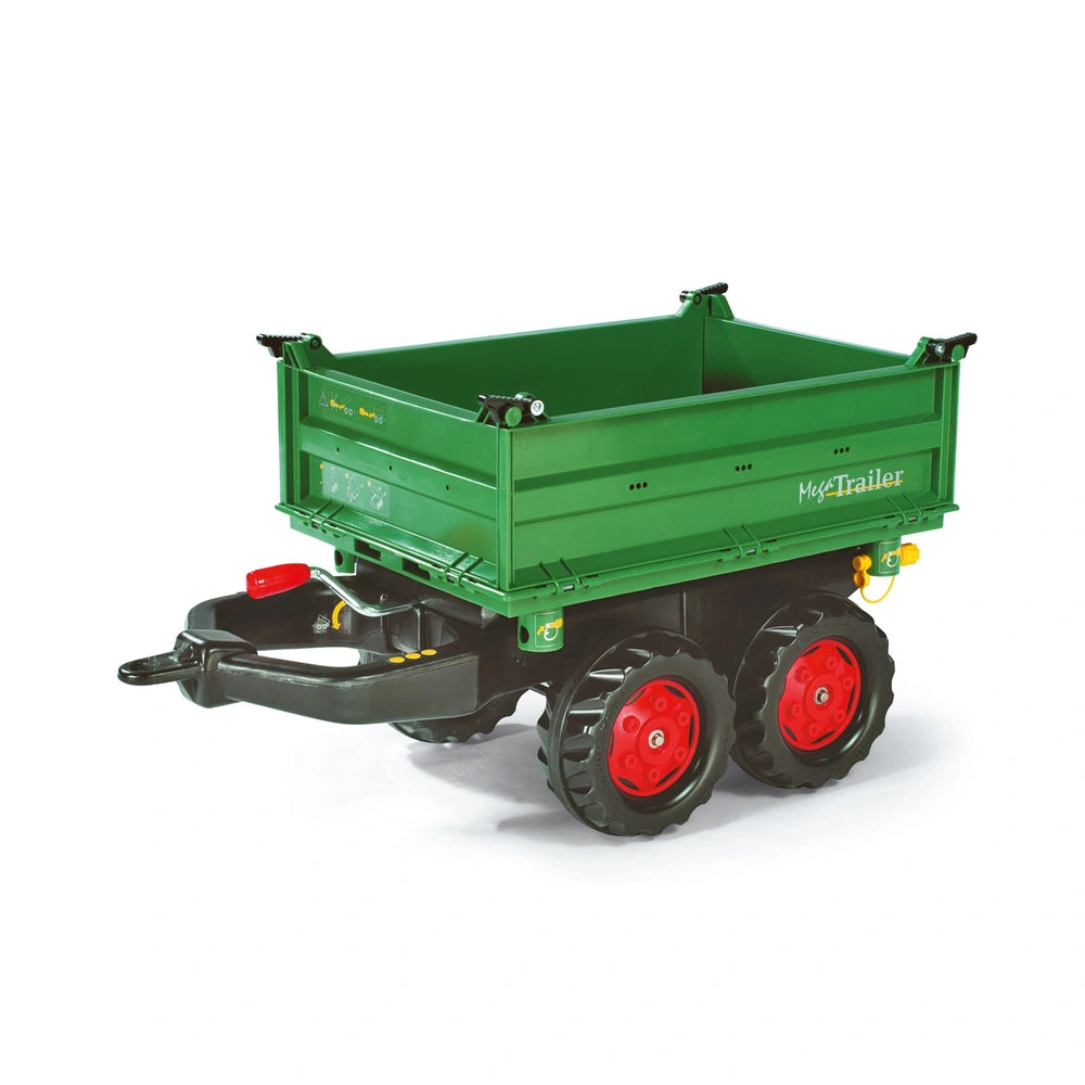 Rollymega Green Trailer features a flatbed, black wheels with red rims, and a "MEGATRAILER" label on the side.