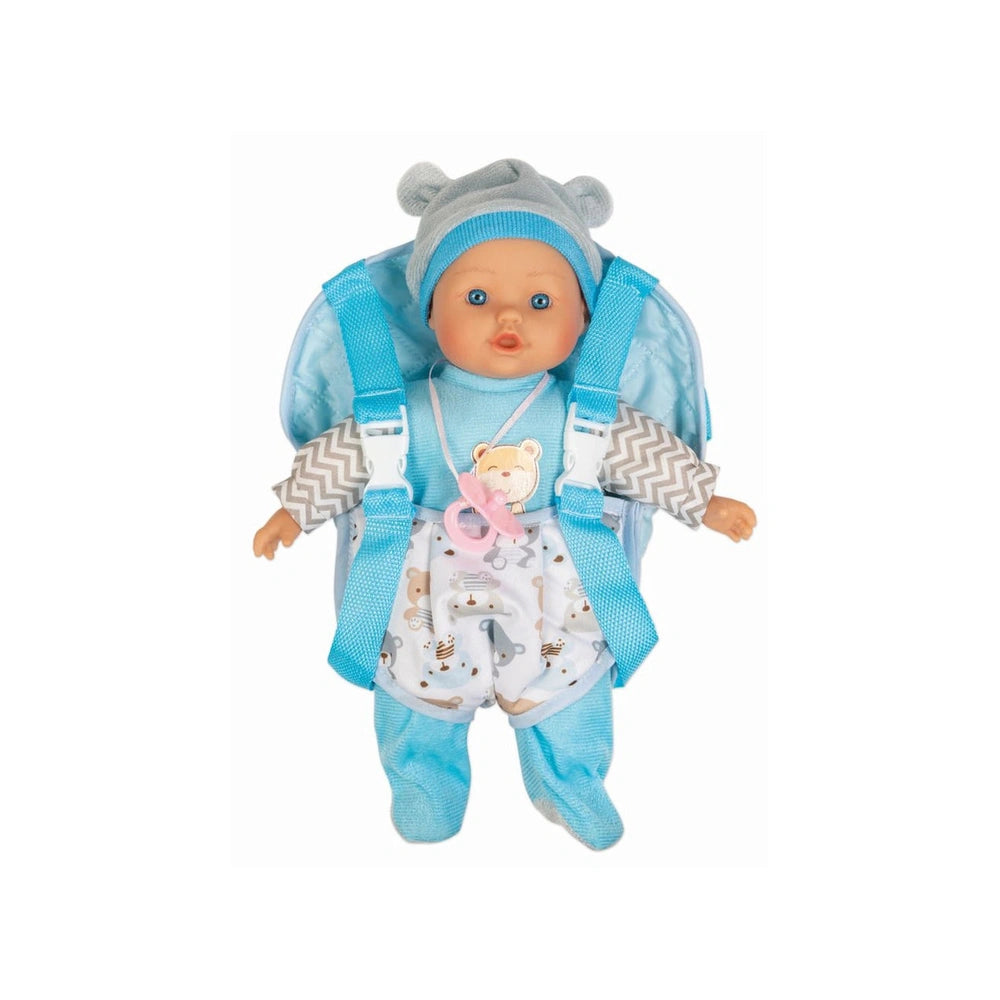 Adorable baby doll dressed in a blue and white outfit with a hood, smiling face, blue eyes, and a pink pacifier.