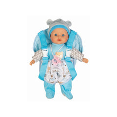 Adorable baby doll dressed in a blue and white outfit with a hood, smiling face, blue eyes, and a pink pacifier.