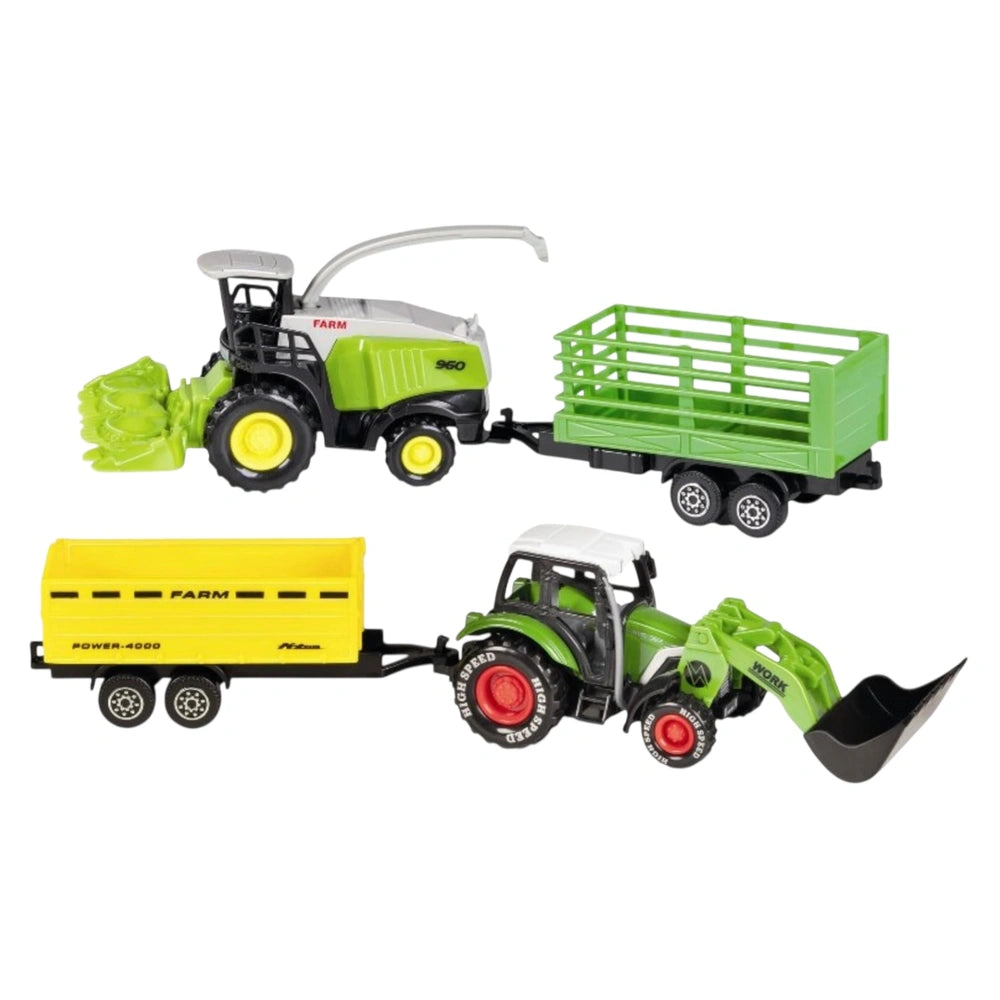 RS Toys AgriPower Set features three colorful plastic toy tractors in a line, showcasing various designs and sizes.
