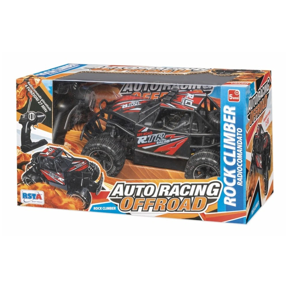 RS Toys Auto Racing Offroad RC Rock Climber packaging features a black and red toy car with orange accents in a glossy box.