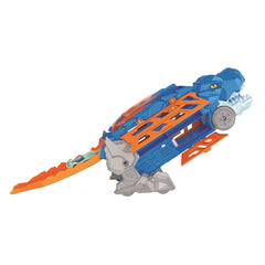 Dino Track Play Set features a glossy blue and matte orange vehicle with prominent blades and a sleek design.