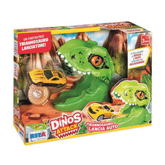 RS Toys Dinos Attack T-Rex toy playset box features a vibrant dinosaur illustration with a car, emphasizing adventure and fun