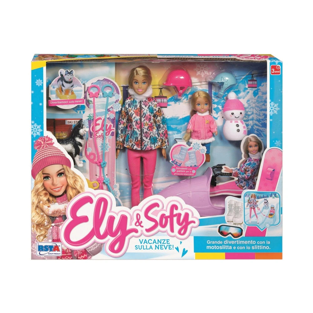 RS Toys Ely Sofy Winter Vacation Snowmobile Set features dolls in winter attire with accessories like skis and a snowboard in