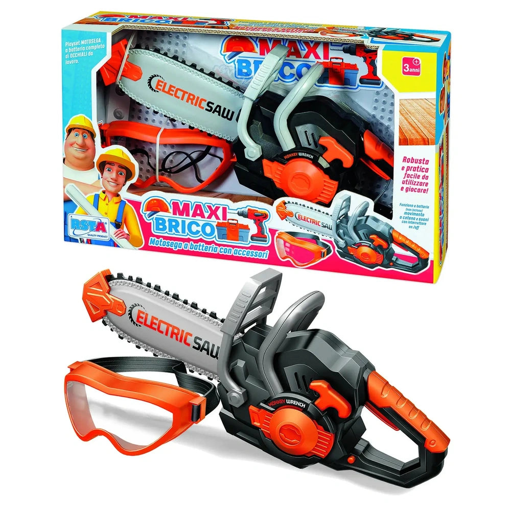 RS Toys Maxi Brico pretend chainsaw in orange and black, displayed in cardboard packaging with clear window and character gra