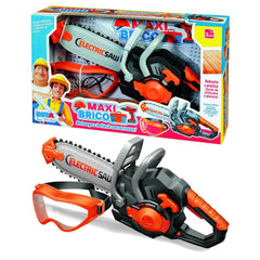 RS Toys Maxi Brico pretend chainsaw in orange and black, displayed in cardboard packaging with clear window and character gra