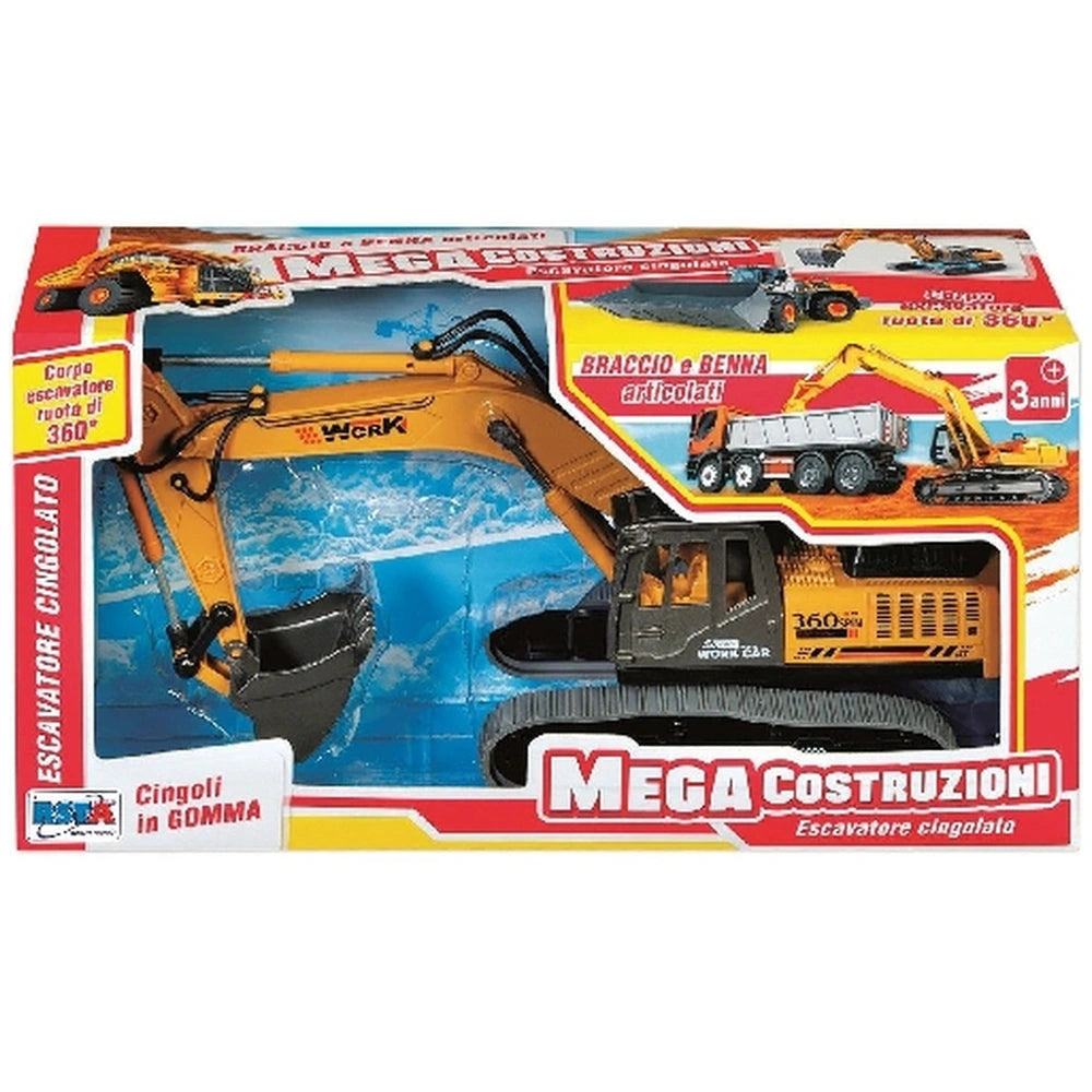 RS Toys Mega Costruzioni Escavatore Cingolato is a yellow construction vehicle with a crane and scoop in a cardboard box.