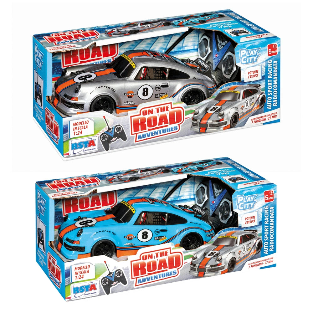 RS Toys On The Road Adventures play city RC sport racing cars in a vibrant, open packaging with a racing event theme.