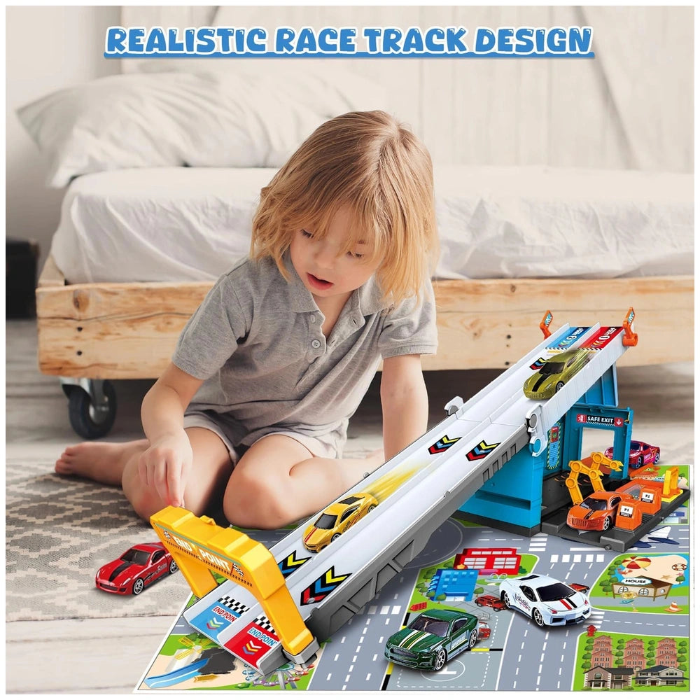 RS Toys Pista Pit Stop 2 in 1 Portable Garage and Launcher Track with colorful cars and a bridge, enjoyed by a young girl.