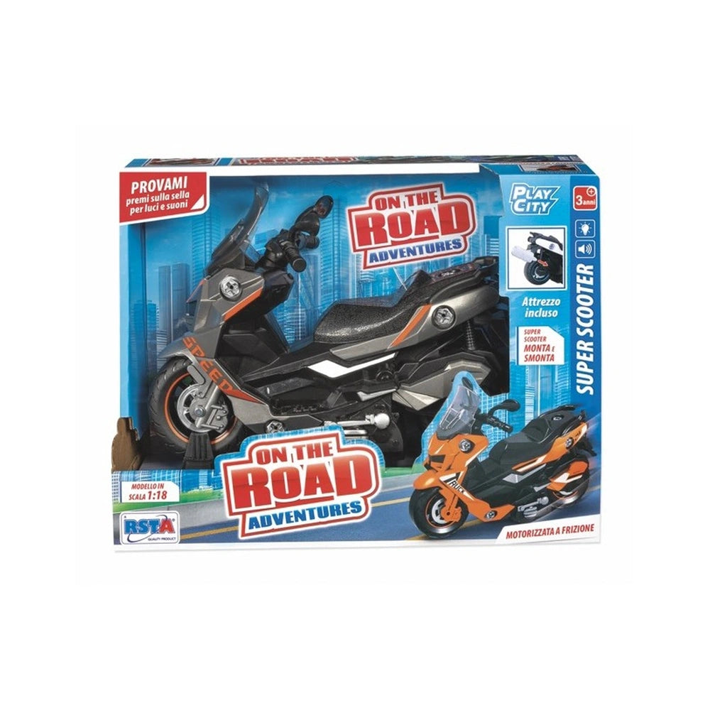 RS Toys Super Scooter toy motorcycle in blue packaging with red and white accents and a clear window showcasing the toy.