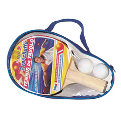 RS Toys table tennis racket with a protective cover, featuring a white head and blue-yellow grip, partially visible handle.