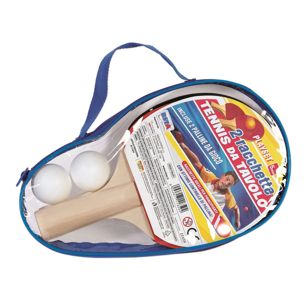 RS Toys table tennis playset featuring a racket, two balls, and a blue and white fabric case, all neatly arranged inside.