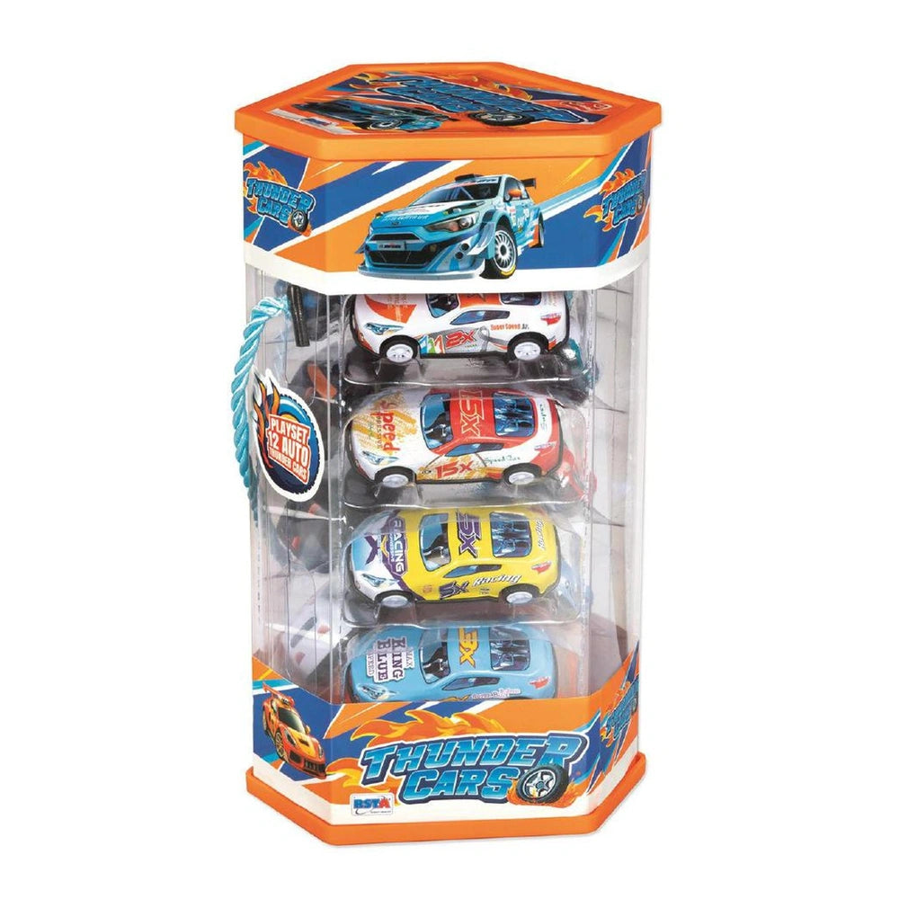 RS Toys Thunder Cars Play Vehicles Set showcases five colorful toy cars in a clear display box with a blue background.