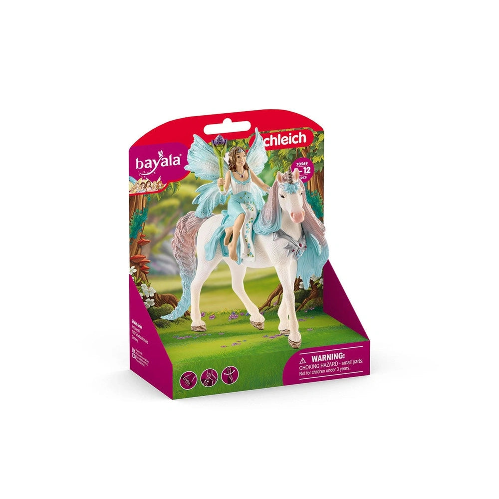 Schleich Bayala Fairy Eyela with Princess Unicorn packaging features a white unicorn with a blue mane and age warning.