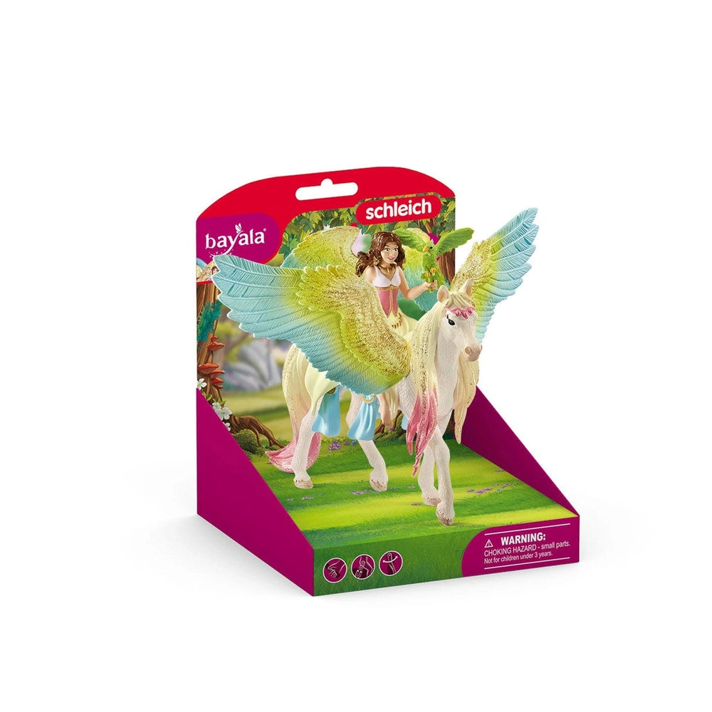Fairy Surah toy figure with glitter Pegasus in purple packaging featuring a white horse with blue, pink, and green accents.