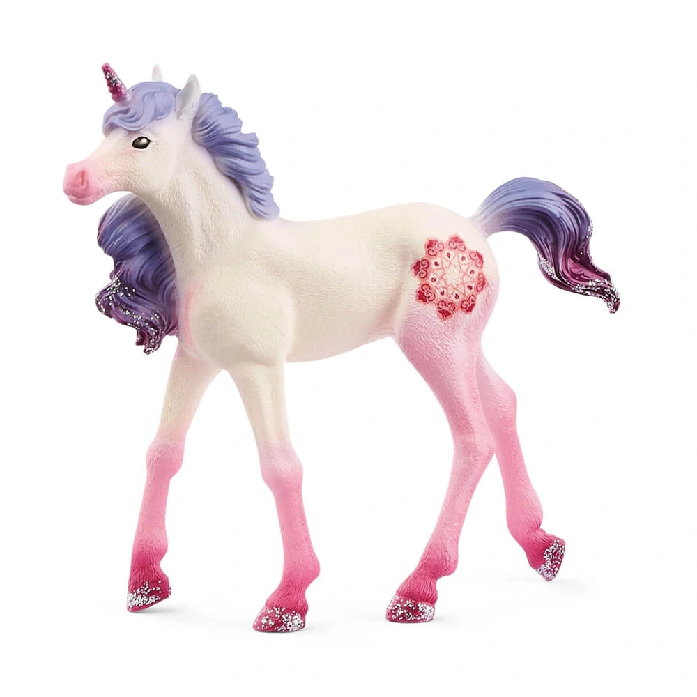 Mandala Unicorn Foal toy figure with a white body, pink legs, and sparkly purple-pink mane, featuring a single horn and large