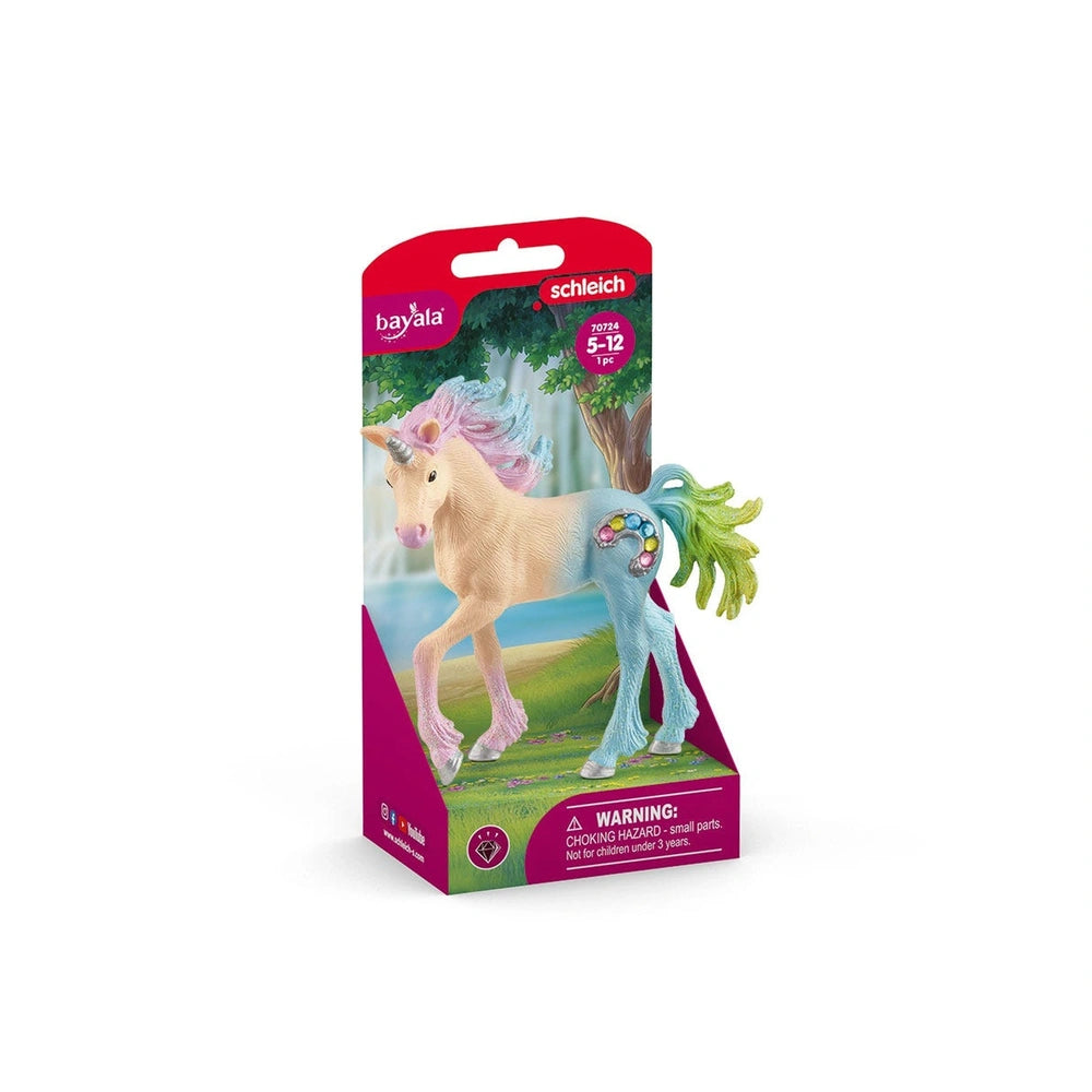 Schleich Bayala Marshmallow Unicorn Foal toy in glossy cardboard packaging with pink background and warning label for small p