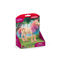 Schleich Bayala Marshmallow Unicorn action figure in pink packaging with a plastic window, featuring colorful mane and warnin